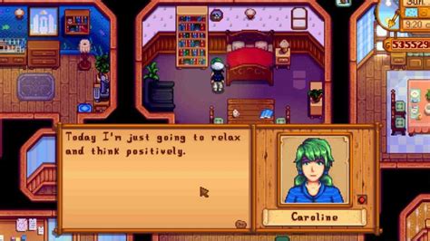 Inside her house, in the living room, sitting on the blue sofa. . Caroline schedule stardew